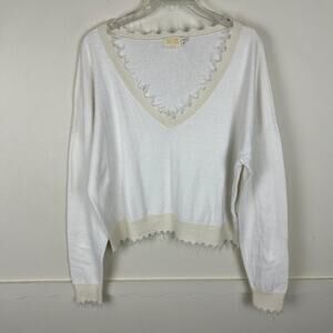 Nation LTD White Alpaca Blend Distressed Edge V Neck Long Sleeve Sweater S